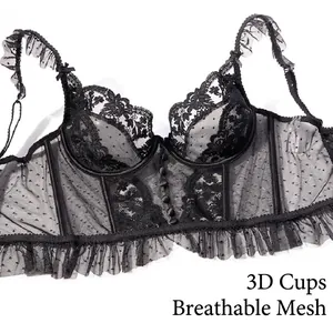 French style sexy black lace lingerie set with 3D cups and breathable mesh fabric