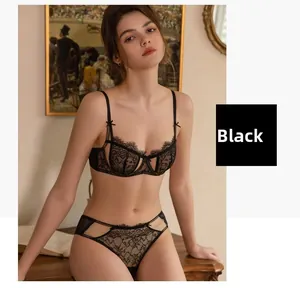 Detail of black eyelash lace lingerie set featuring sheer floral patterns and supportive underwire