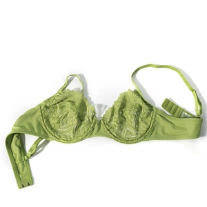 Detail of green floral lace bra cups with sheer embroidery and underwire support
