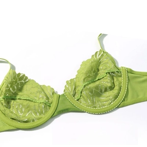 Detail of light green floral lace bra with translucent mesh and U-shaped underwire support