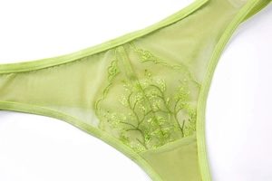 Detailed close-up of grass green lace panties with fine plant leaf embroidery and mesh