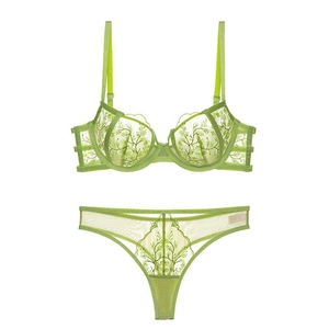 French Style Sexy Ultra Thin Lace Embroidery Underwire Bra And Thong Sheer Mesh Botanical Floral Lingerie Combination For Women
