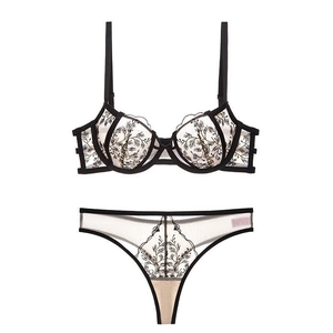 French lace embroidery lingerie set with black floral patterns and sheer white mesh fabric