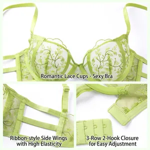 Light green French lace bra set with floral embroidery and high-stretch side straps