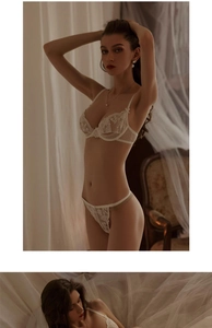 Close-up of ivory lace lingerie set with sheer dot mesh and French floral patterns