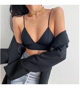 Fashionable close-up of a black triangle bralette worn with a stylish blazer and necklaces