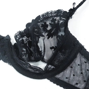 Detailed macro view of black floral embroidery lace and sheer dot mesh bra side panels