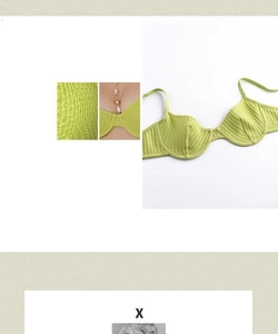 Détail du soutien-gorge vert avocat avec texture gaufrée et élégant pendentif en perles