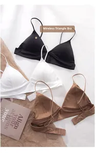 Detailed view of seamless wireless triangle cup bras in black, white, and deep brown tones