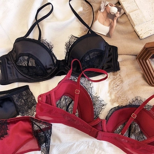 French style eyelash lace lingerie sets in wine red and black with satin finish