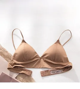Detail of French triangle cup bra with silk texture and adjustable thin shoulder straps