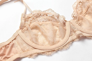 Détail rapproché de broderie florale et dentelle cils sur un bonnet de soutien-gorge