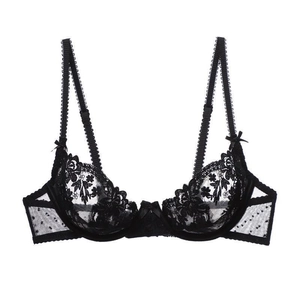 Sexy French Ultra Thin Hollow Out Lace Embroidery Bra And Panties Lingerie Underwired Floral Sheer Mesh Bow Decor Lingerie