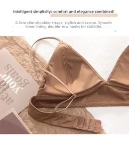 Detail view of seamless camel triangle bra showing slim straps and back clasp closure