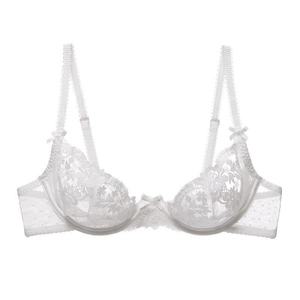 White French lace bra with floral embroidery and mesh detail for a slimming look
