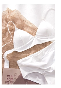 Flat lay of white seamless triangle cup lingerie set on aesthetic textured background