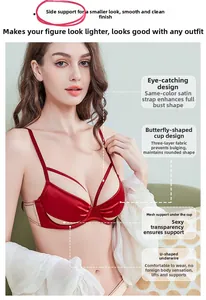 Detailed view of red satin bra with sheer mesh lace panels and U-shaped underwire support