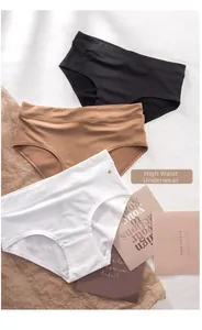 Three-pack high-waisted seamless panties in black, brown, and white soft cotton fabric