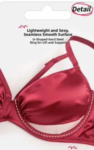 Detail view of burgundy satin bra with U-shaped underwire and smooth seamless finish