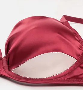 Macro shot of wine red satin bra with sheer mesh inserts and fine stitching details
