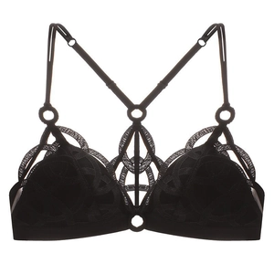 Bralette in pizzo nero senza ferretto con ricamo geometrico e spalline sottili multiple