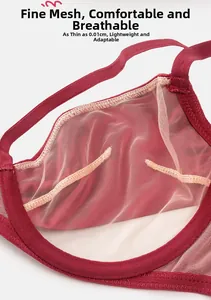 Detail of 0.01cm ultra-thin wine red mesh fabric and stitching for breathable lingerie set