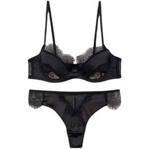 Elegant black eyelash lace lingerie set with satin patchwork and thin straps on white base
