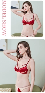 Detail of red satin lingerie set with criss-cross hollow straps and mesh paneling