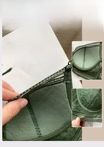Detail of 0.2cm ultra-thin lace bra with 3D cups and breathable dark green mesh fabric