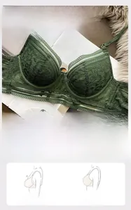 Detail of dark green lace bra showing the memory wire for support and lifting effect