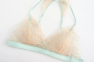 Detail of sheer mint green floral embroidery on thin wire-free triangle bra cups
