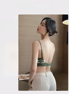 Detail of dark green lace back design with breathable floral pattern and thin straps