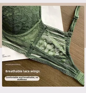 Detail of 8cm breathable lace side wing and adjustable strap on deep green bra