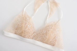 Close-up of skin-tone lace bra with white floral embroidery and mesh texture detail