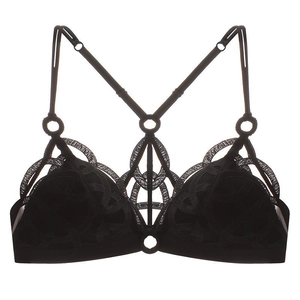 French style black wireless lace bra with intricate embroidery and strap detail