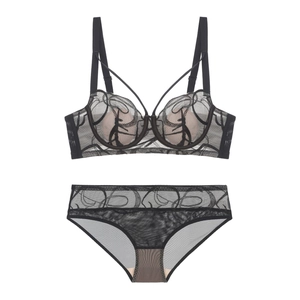 Detailed view of black lace lingerie set with ink embroidery and sheer mesh fabric