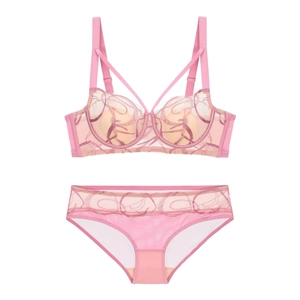 Detailed view of pink lace lingerie set featuring spiral embroidery and double straps