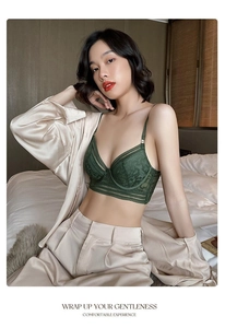 Detail of forest green lace bralette featuring delicate floral embroidery and sheer cups