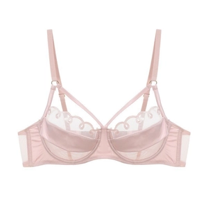 Pink sheer mesh bra with french embroidery and elegant double shoulder straps