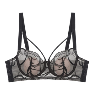 Close-up of black lace bra with intricate embroidery and elegant multi-strap details