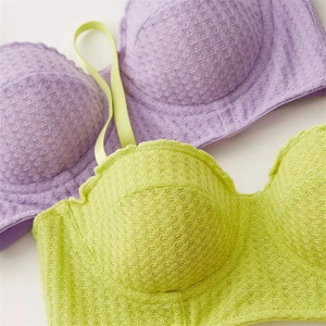 French style waffle texture half-cup bras in lavender and neon green colors