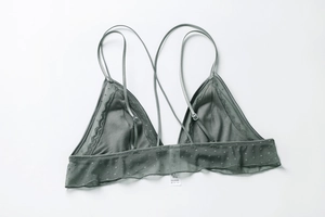 Dettaglio di bralette in pizzo grigio con fascia in rete trasparente e spalline doppie