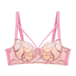 Detailed embroidery and lace mesh texture on pink underwire bra with straps