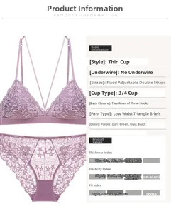 Macro shot of French triangle cup lace lingerie set with floral texture and purple color