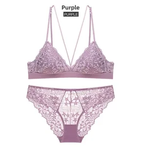 Detail of purple lace lingerie set featuring triangle cup bra and sheer floral panties