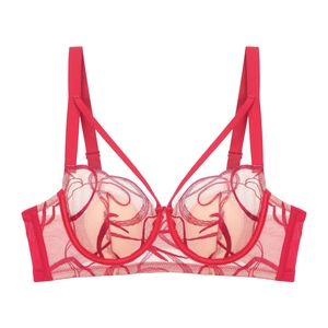 Macro detail of red lace bra with intricate embroidery and double shoulder straps