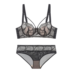 French style sexy black lace lingerie set with ink embroidery and thin mesh fabric