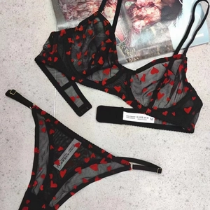 Détails de la lingerie en dentelle noire à motifs cœurs rouges et étiquette d'entretien