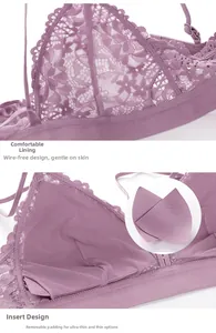 Detail of purple lace triangle bra with breathable mesh lining and removable padding inserts