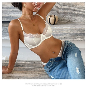 Detail of white lace bra with sheer panels and steel ring support for a French look